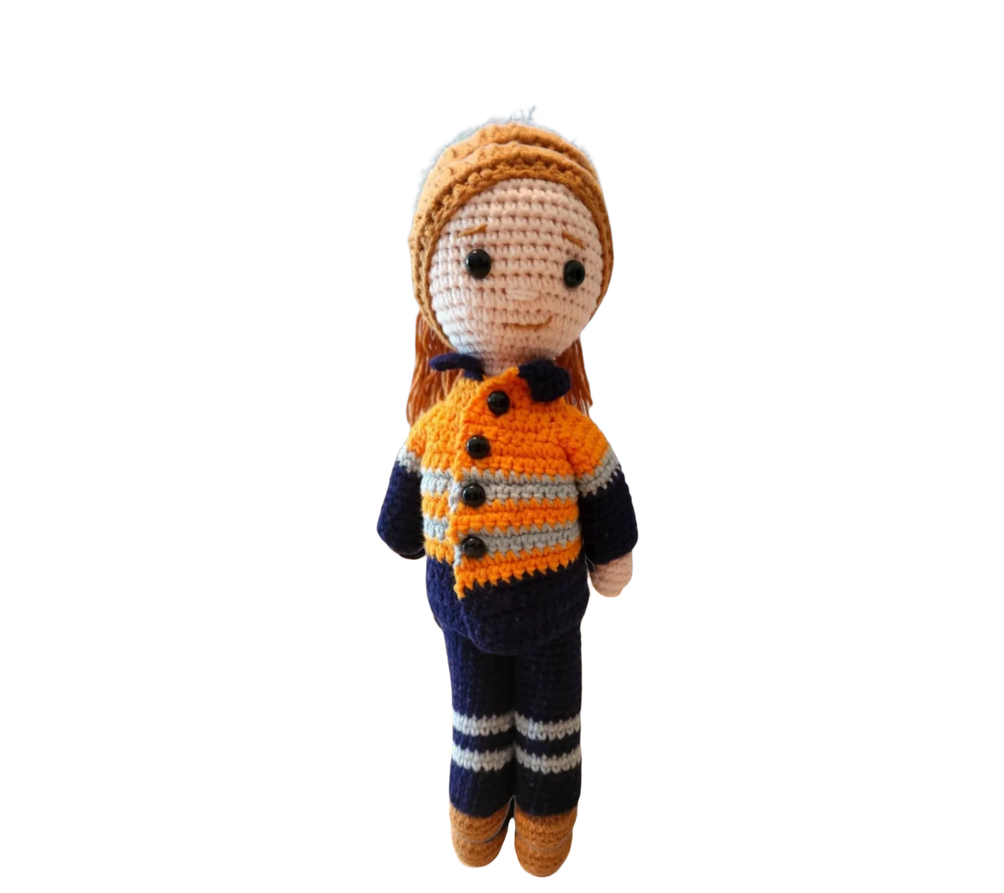 Suzie's Sunshine Dolls orange hi-vis miner/tradie doll, crocheted with navy and grey stripes. Approx 28-30cm.