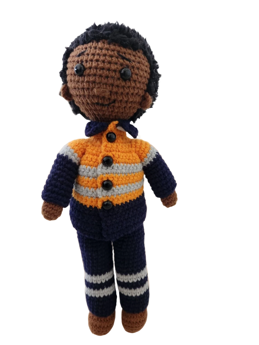 Suzie's Sunshine Dolls orange hi-vis miner/tradie doll, crocheted with navy and grey stripes. Approx 28-30cm.