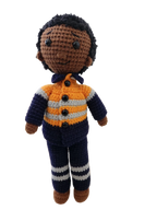 Suzie's Sunshine Dolls orange hi-vis miner/tradie doll, crocheted with navy and grey stripes. Approx 28-30cm.