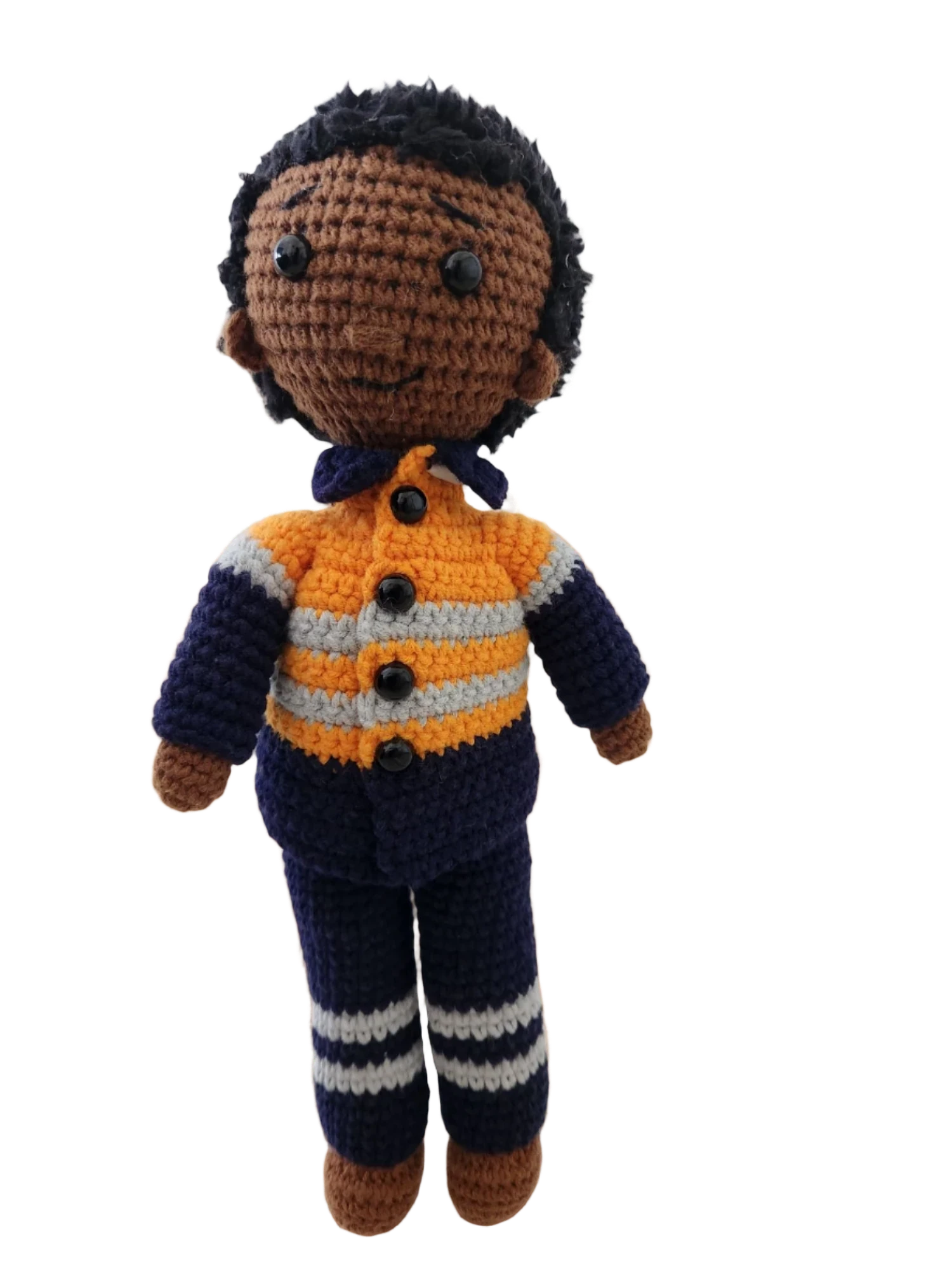 Suzie's Sunshine Dolls orange hi-vis miner/tradie doll, crocheted with navy and grey stripes. Approx 28-30cm.