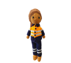 Suzie's Sunshine Dolls orange hi-vis miner/tradie doll, crocheted with navy pants and striped sleeves.