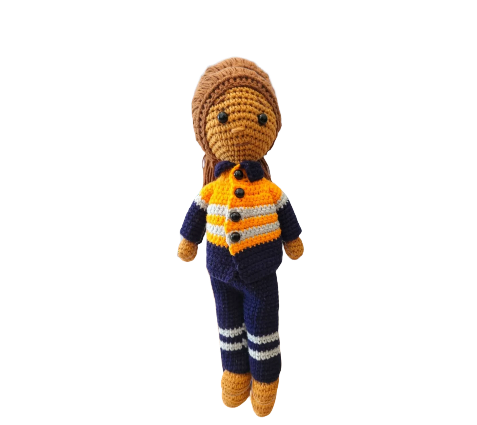 Suzie's Sunshine Dolls orange hi-vis miner/tradie doll, crocheted with navy pants and striped sleeves.