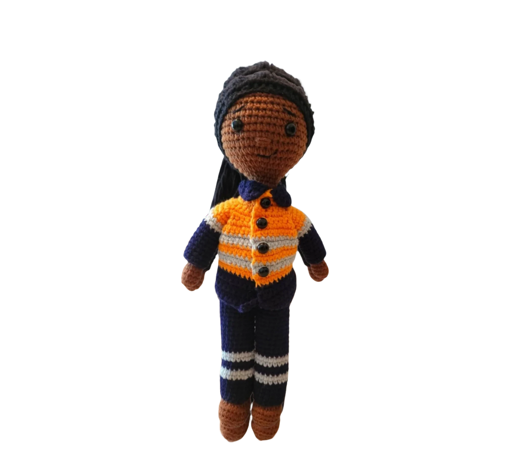 Suzie's Sunshine Dolls orange hi-vis miner/tradie doll, crocheted with navy and grey stripes. Approx 28-30cm.