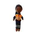 Suzie's Sunshine Dolls orange hi-vis miner/tradie doll, crocheted with navy and grey stripes. Approx 28-30cm.