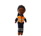 Suzie's Sunshine Dolls orange hi-vis miner/tradie doll, crocheted with navy and grey stripes. Approx 28-30cm.