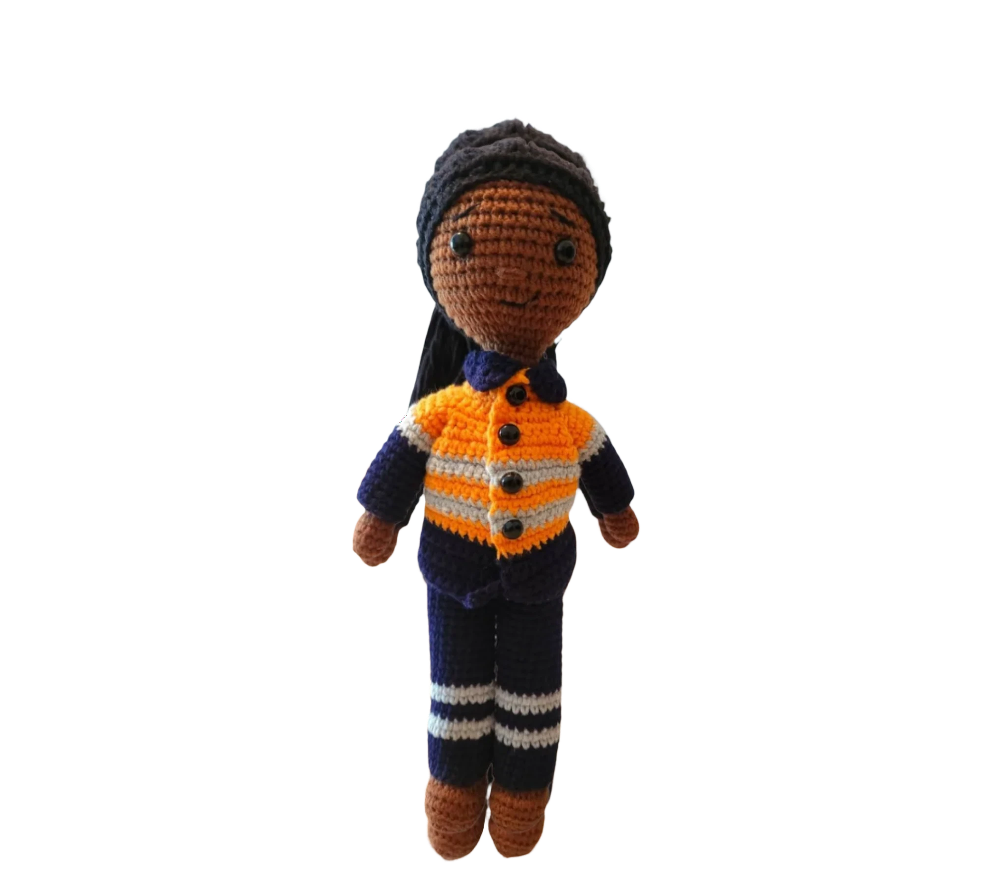 Suzie's Sunshine Dolls orange hi-vis miner/tradie doll, crocheted with navy and grey stripes. Approx 28-30cm.