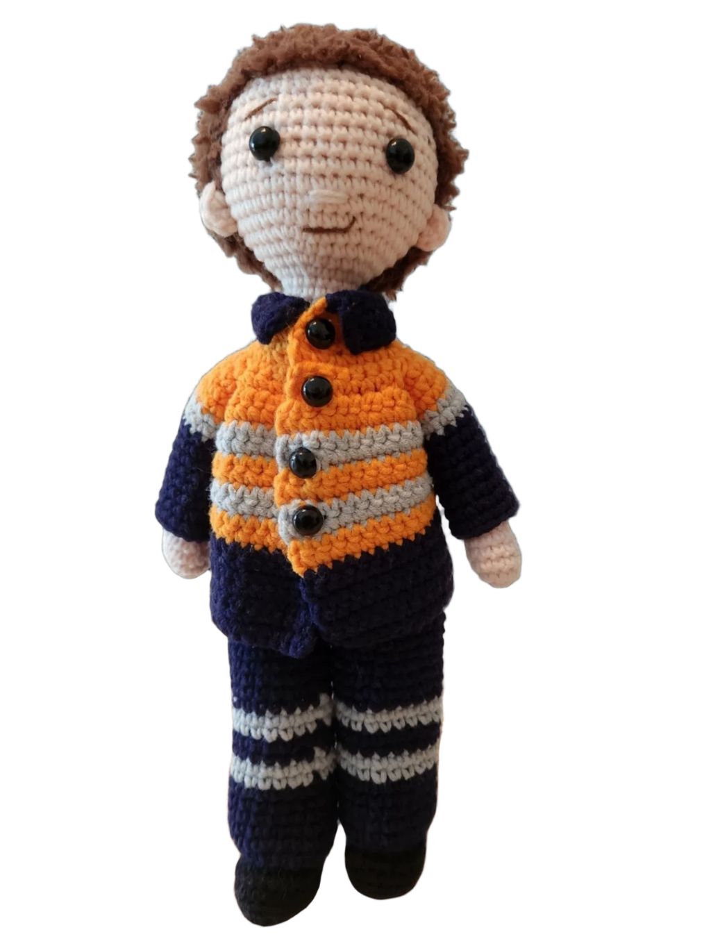 Suzie's Sunshine Dolls orange hi-vis miner/tradie doll, crocheted with navy and grey stripes. Approx 28-30cm.