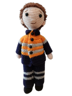 Suzie's Sunshine Dolls orange hi-vis miner/tradie doll, crocheted with navy and grey stripes. Approx 28-30cm.