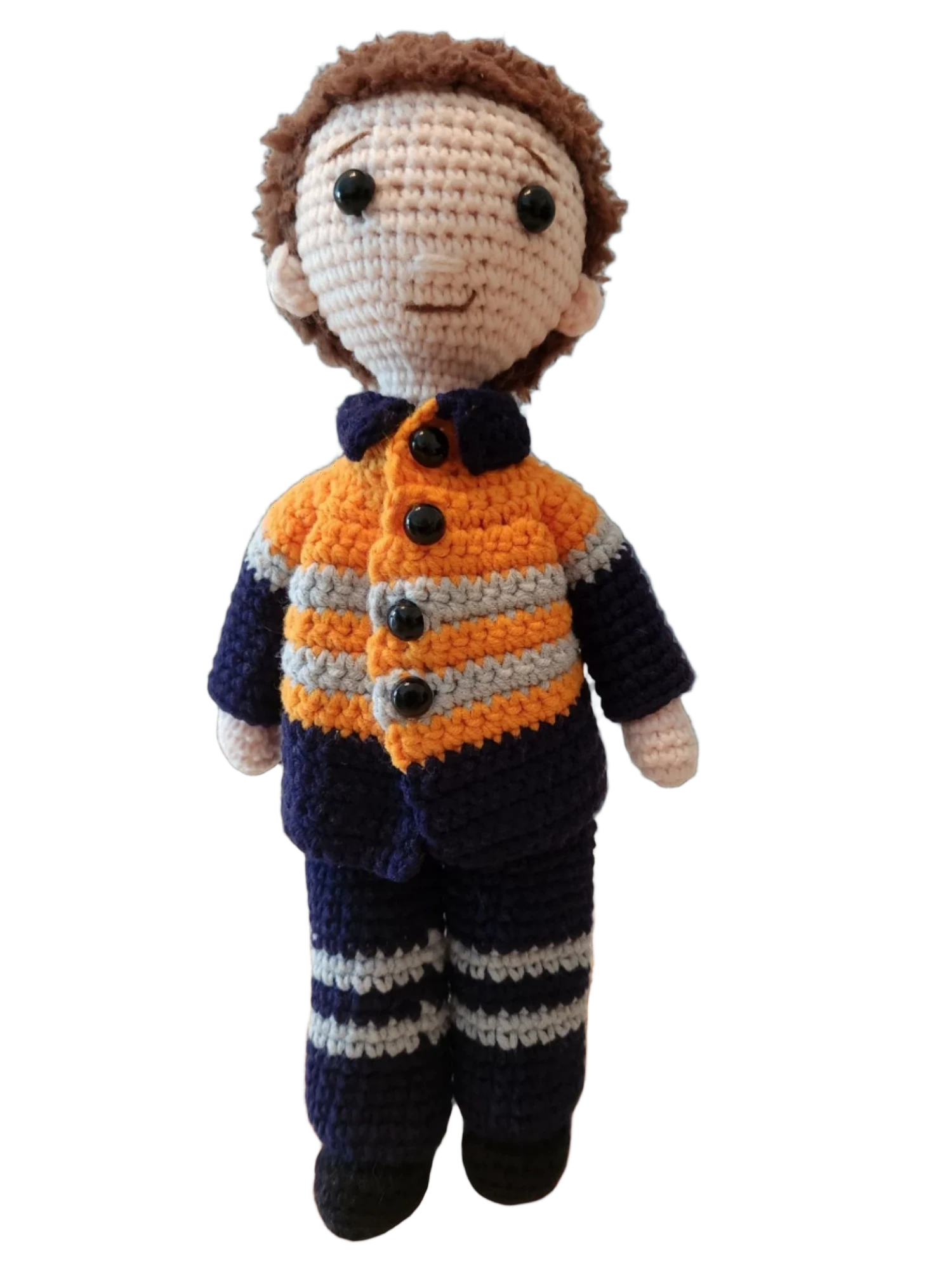 Suzie's Sunshine Dolls orange hi-vis miner/tradie doll, crocheted with navy and grey stripes. Approx 28-30cm.