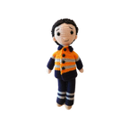 Suzie's Sunshine Dolls Orange Hi-Vis Miner/Tradie doll, crocheted with orange, navy, and grey stripes.
