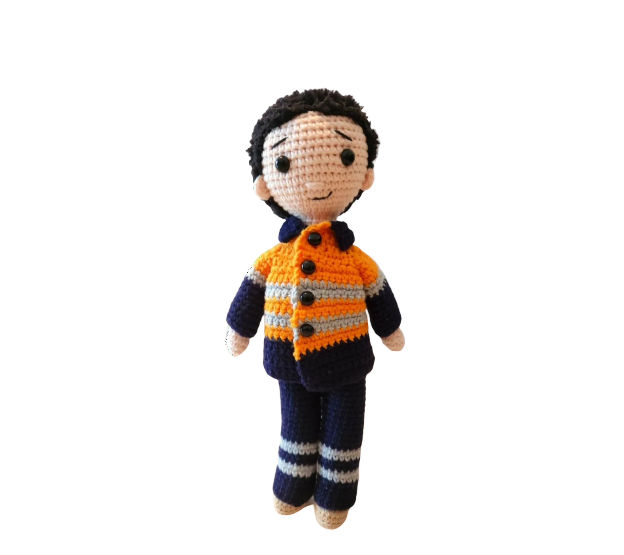 Suzie's Sunshine Dolls Orange Hi-Vis Miner/Tradie doll, crocheted with orange, navy, and grey stripes.