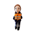 Suzie's Sunshine Dolls Orange Hi-Vis Miner/Tradie doll, crocheted with navy and grey stripes on jacket and pants.