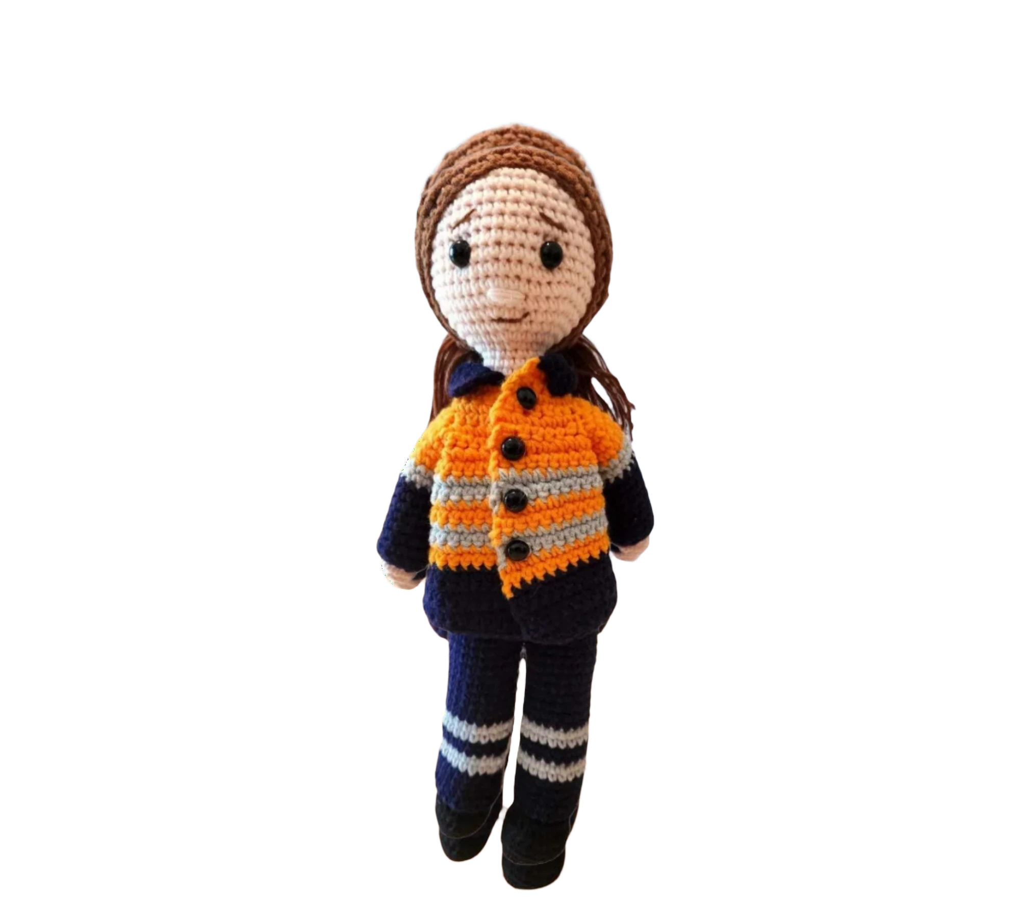 Suzie's Sunshine Dolls Orange Hi-Vis Miner/Tradie doll, crocheted with navy and grey stripes on jacket and pants.