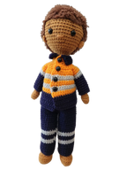 Suzie's Sunshine Dolls Orange Hi-Vis Miner/Tradie doll, crocheted with navy, orange, and grey stripes. Approx 28-30cm.