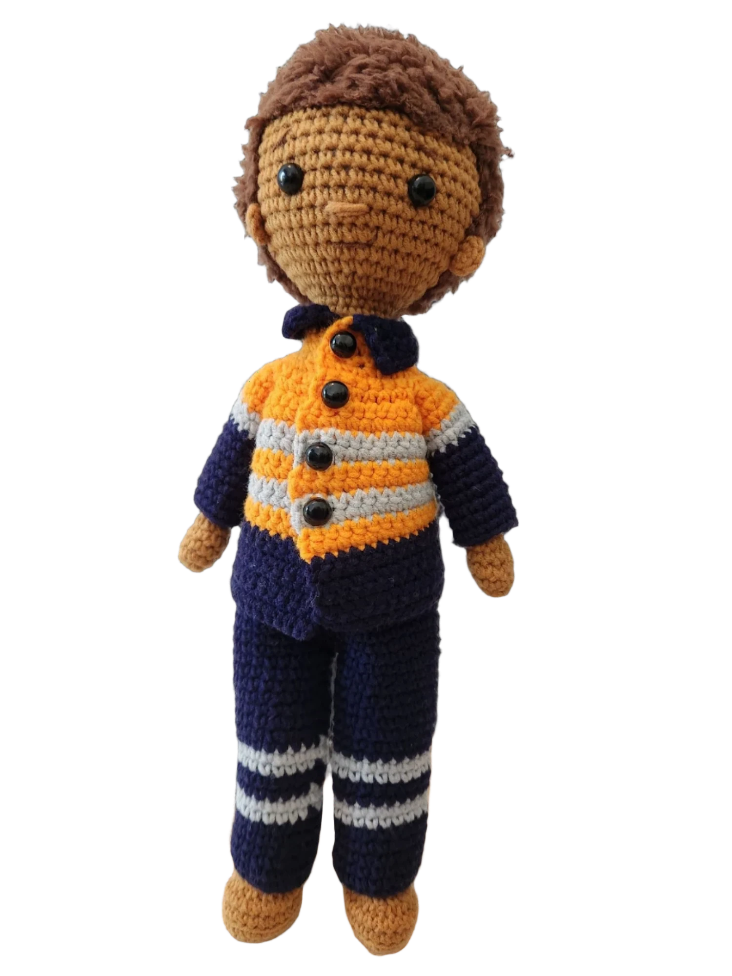 Suzie's Sunshine Dolls Orange Hi-Vis Miner/Tradie doll, crocheted with navy, orange, and grey stripes. Approx 28-30cm.