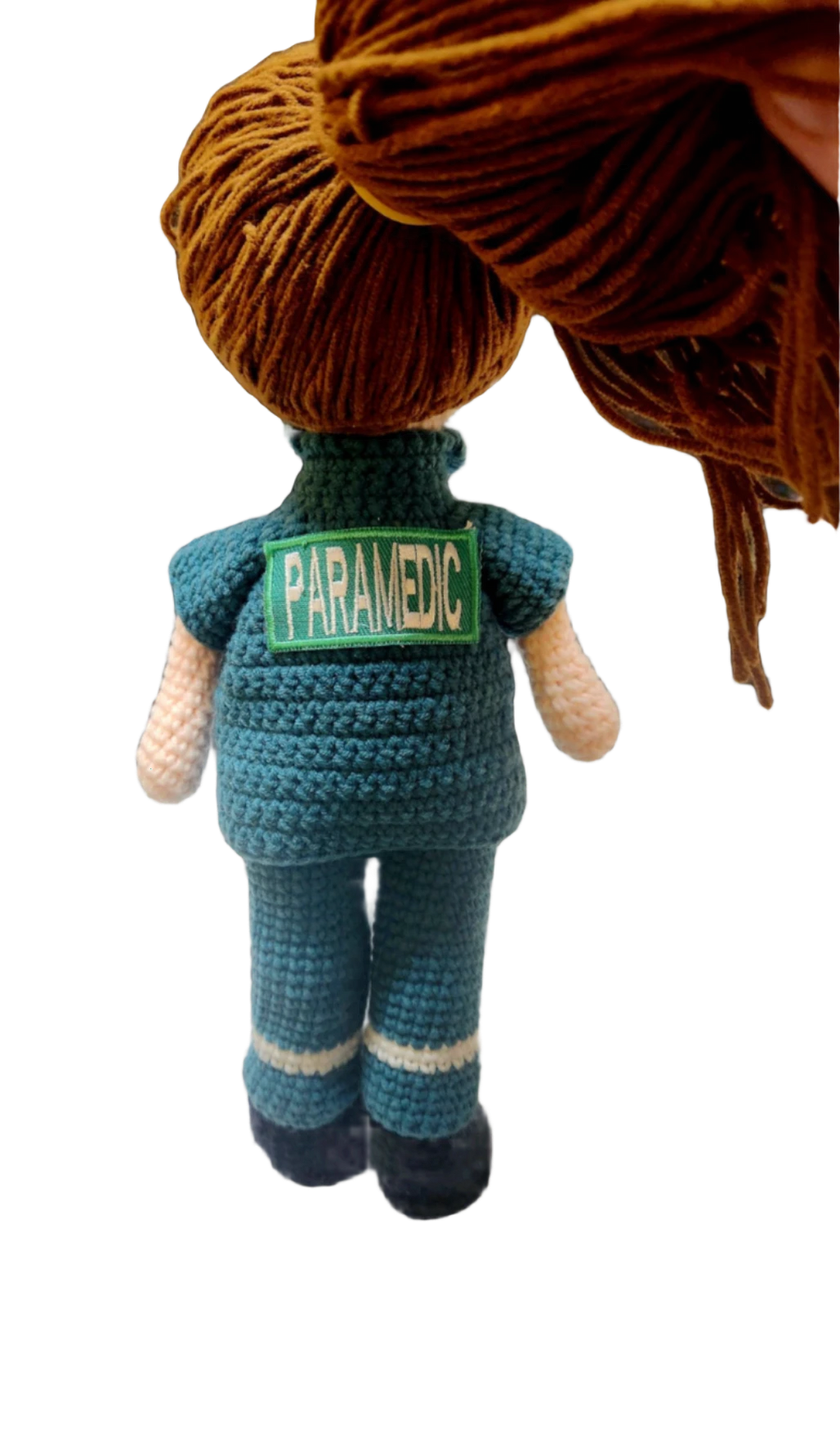 Suzie's Sunshine Dolls Paramedic doll in green uniform with reflective stripes, handmade crochet, 28-30cm tall.