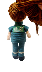 Suzie's Sunshine Dolls Paramedic doll in green uniform with reflective stripes, handmade crochet, 28-30cm tall.