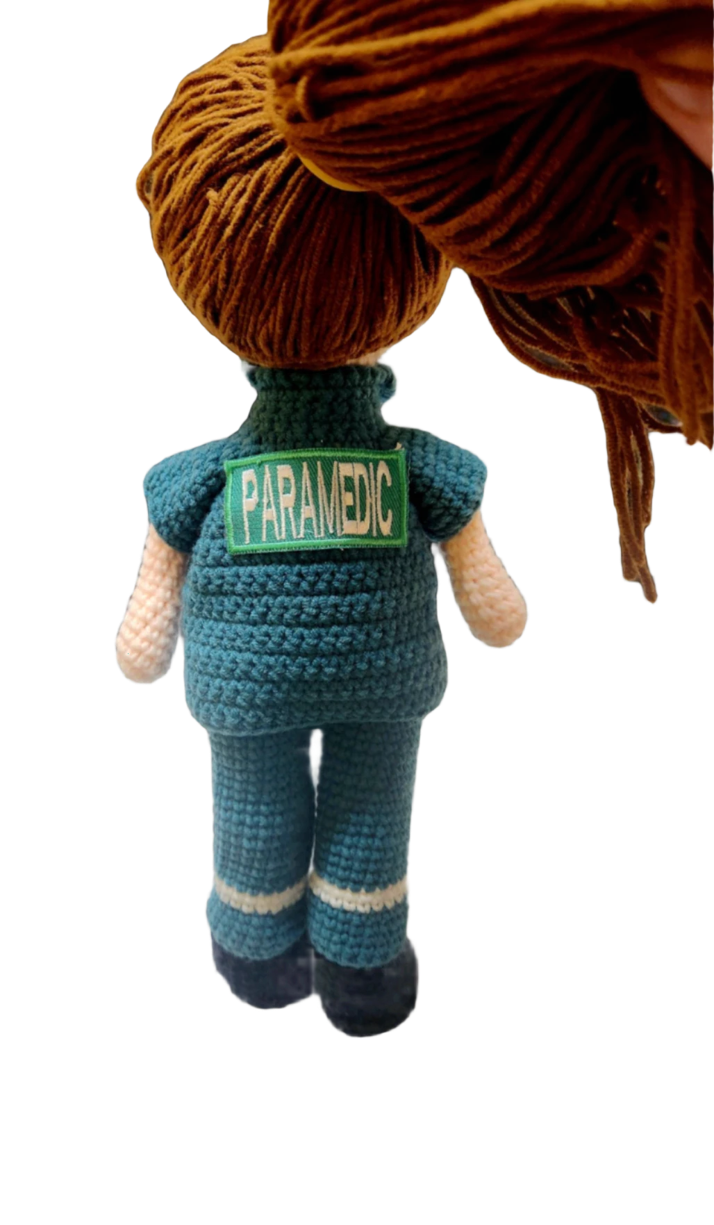 Suzie's Sunshine Dolls Paramedic doll in green uniform with reflective stripes, handmade crochet, 28-30cm tall.