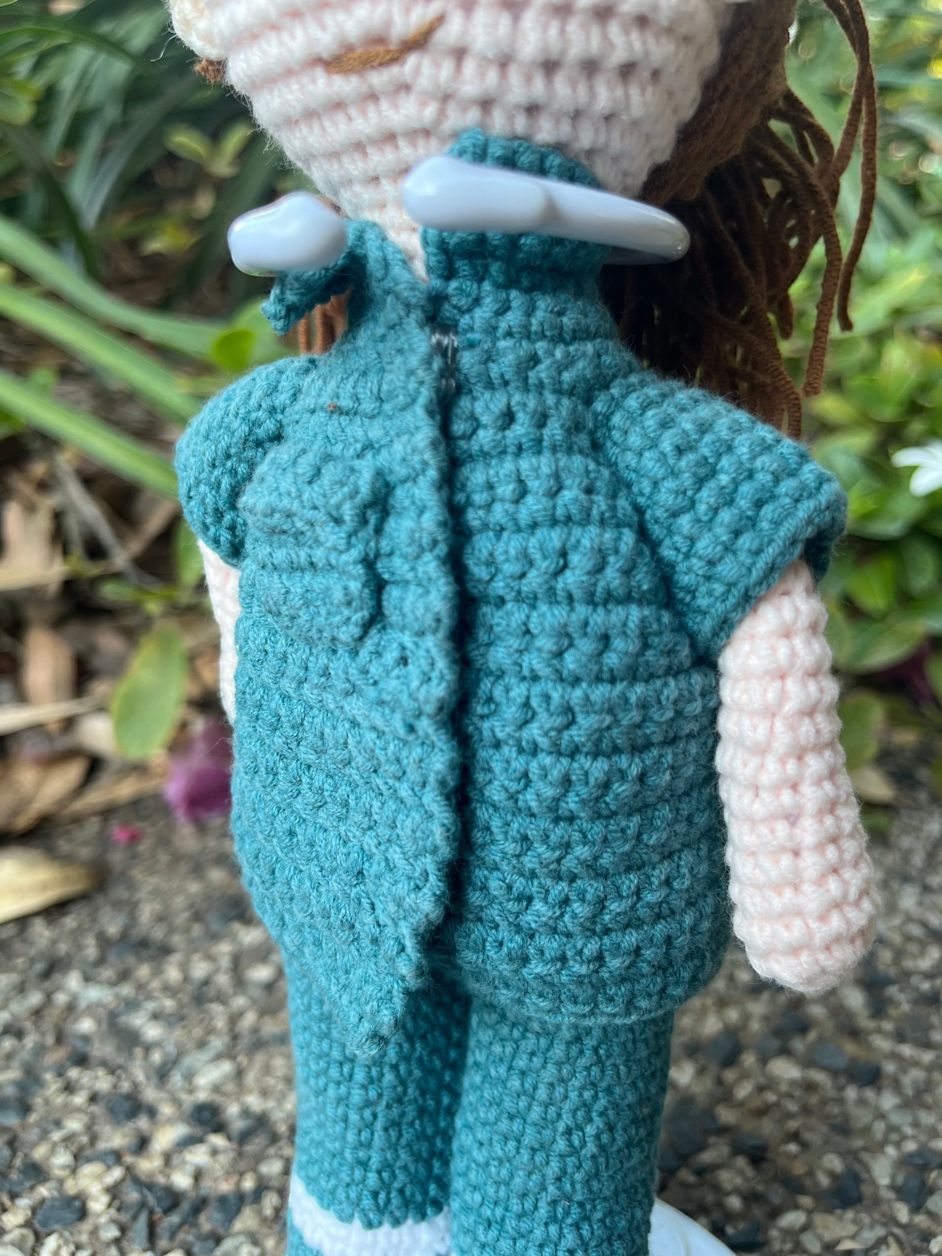 Suzie's Sunshine Dolls Paramedic doll in green uniform with reflective stripes, handmade crochet, 28-30cm tall.