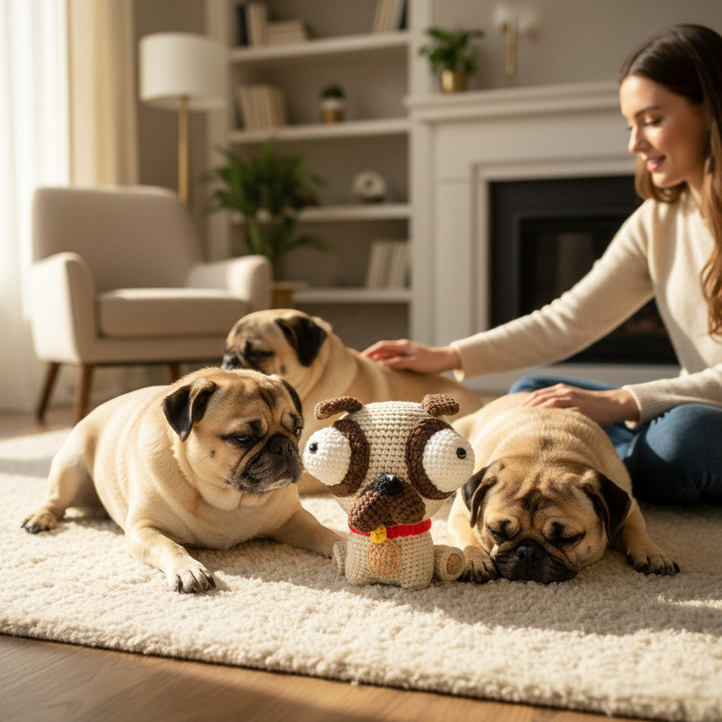 Suzie's Sunshine Dolls Pig the Pug crochet toy with big eyes and tongue out, next to two real pugs and a woman.