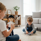 Suzie's Sunshine Dolls handmade crochet pilot doll in uniform with hat, approx. 28-30cm tall.