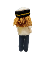Suzie's Sunshine Dolls handmade crocheted pilot doll in uniform with yellow-striped hat and blonde hair.