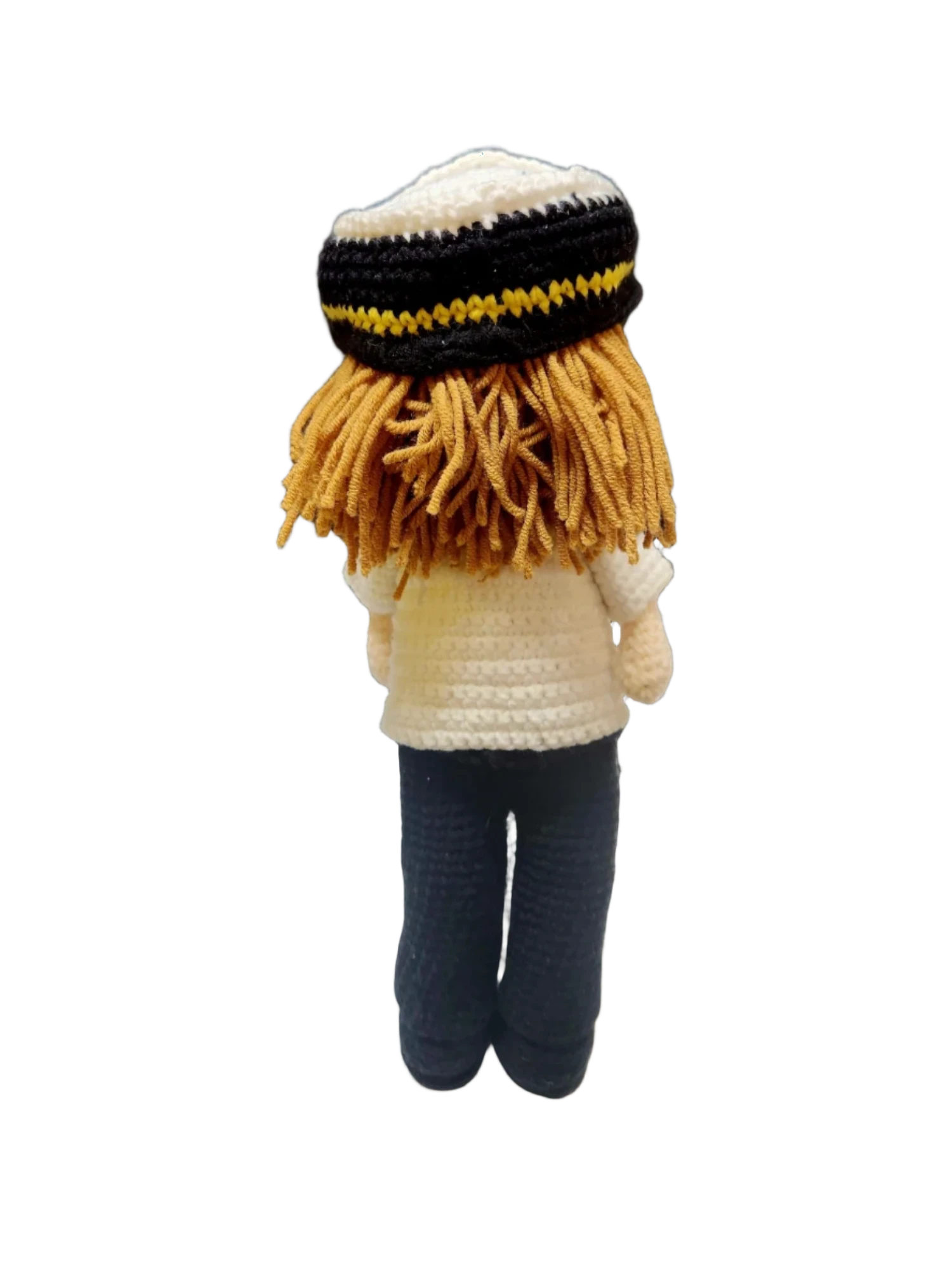 Suzie's Sunshine Dolls handmade crocheted pilot doll in uniform with yellow-striped hat and blonde hair.