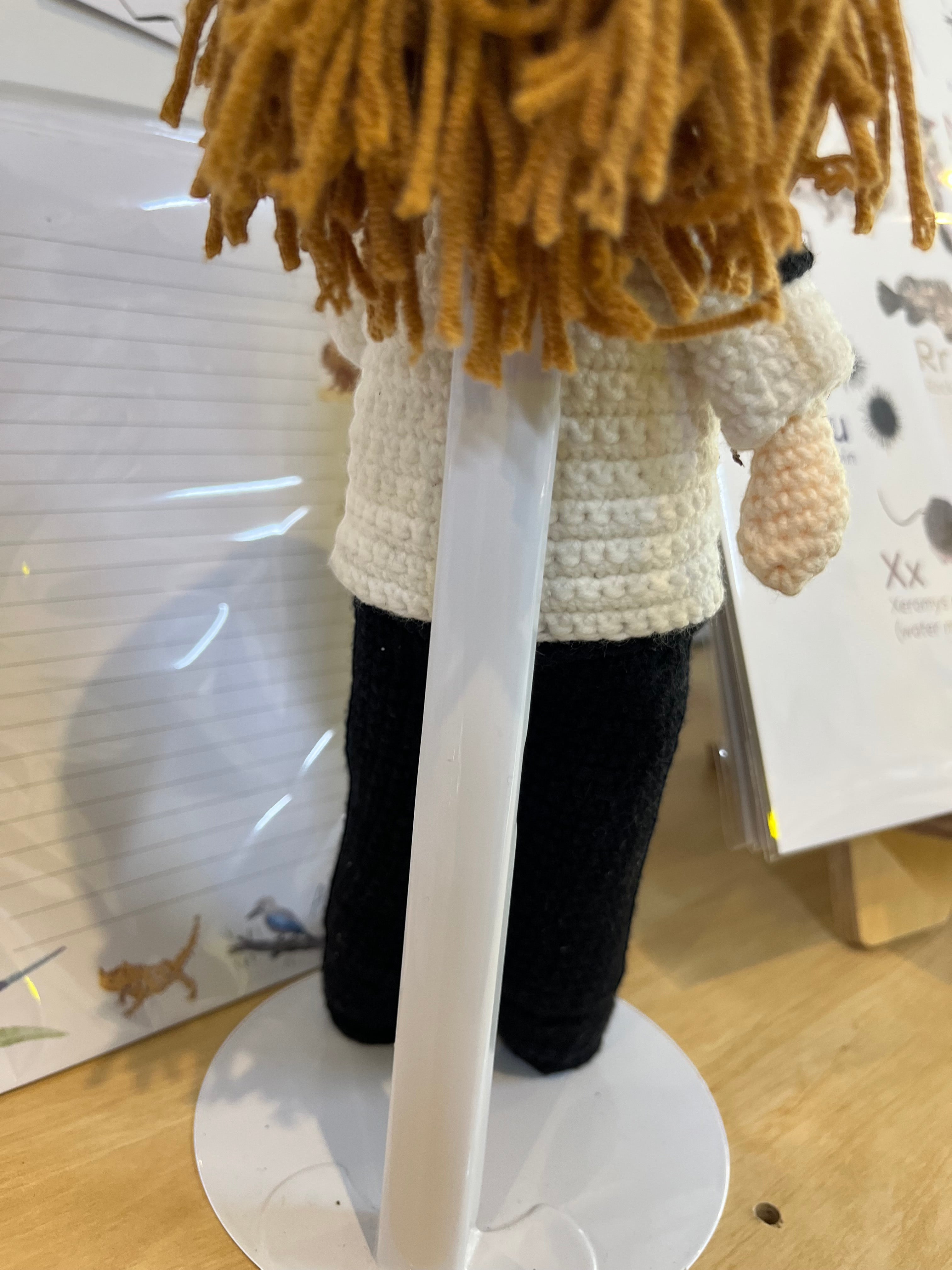 Suzie's Sunshine Dolls handmade crocheted pilot doll in uniform with white shirt and black pants. Approx. 28-30cm tall.