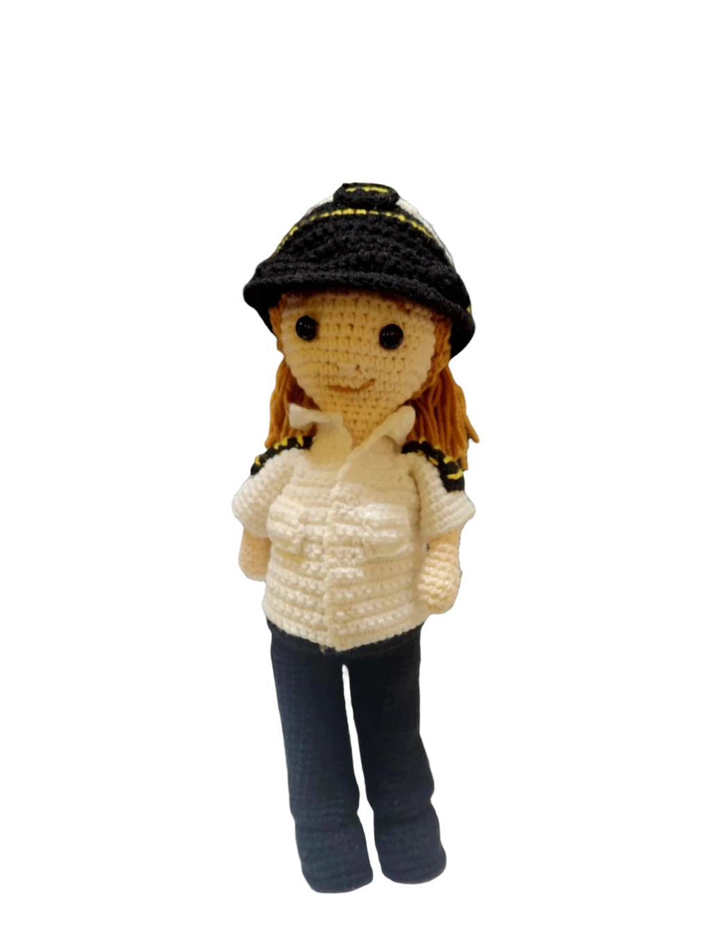 Suzie's Sunshine Dolls handmade crocheted pilot doll in uniform with hat, white shirt, and black pants.