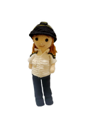 Suzie's Sunshine Dolls handmade crocheted pilot doll in uniform with hat, white shirt, and black pants.