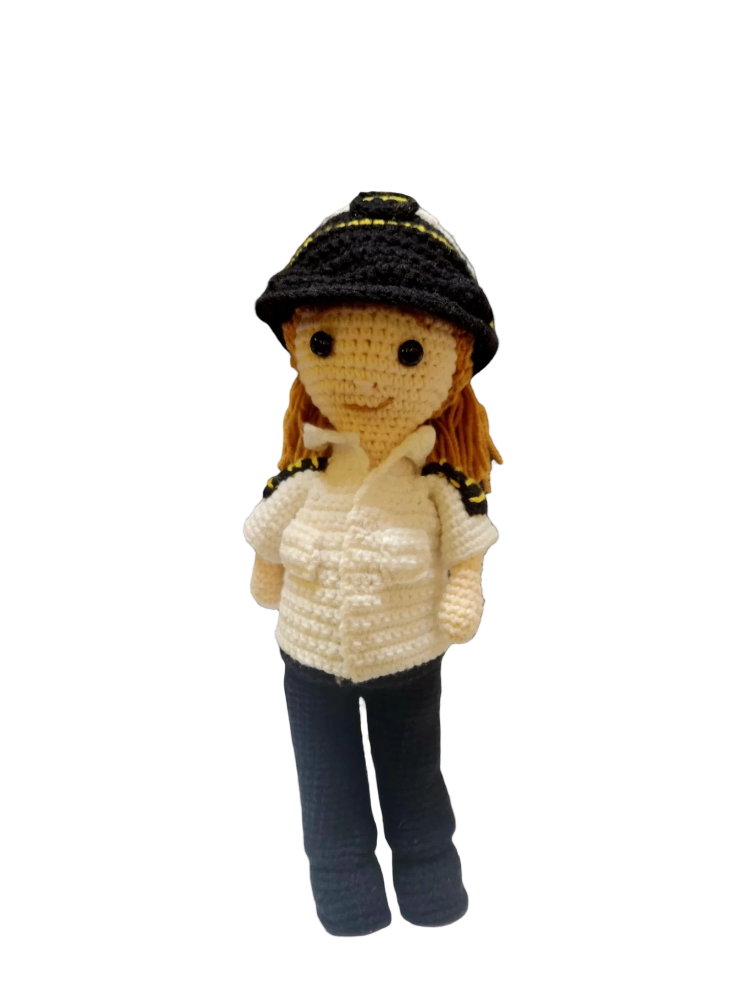 Suzie's Sunshine Dolls handmade crocheted pilot doll in uniform with hat, white shirt, and black pants.