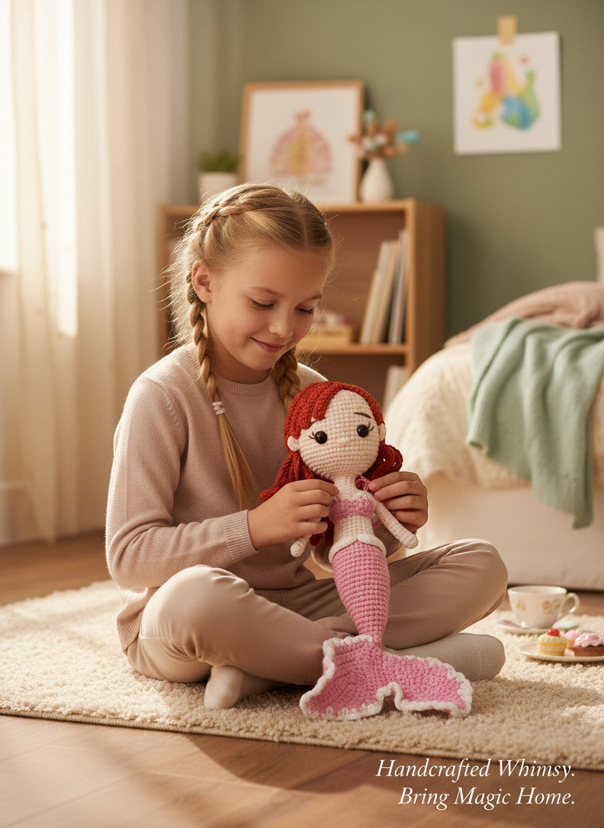 Suzie's Sunshine Dolls handmade pink crochet mermaid doll with red hair and white trim tail.