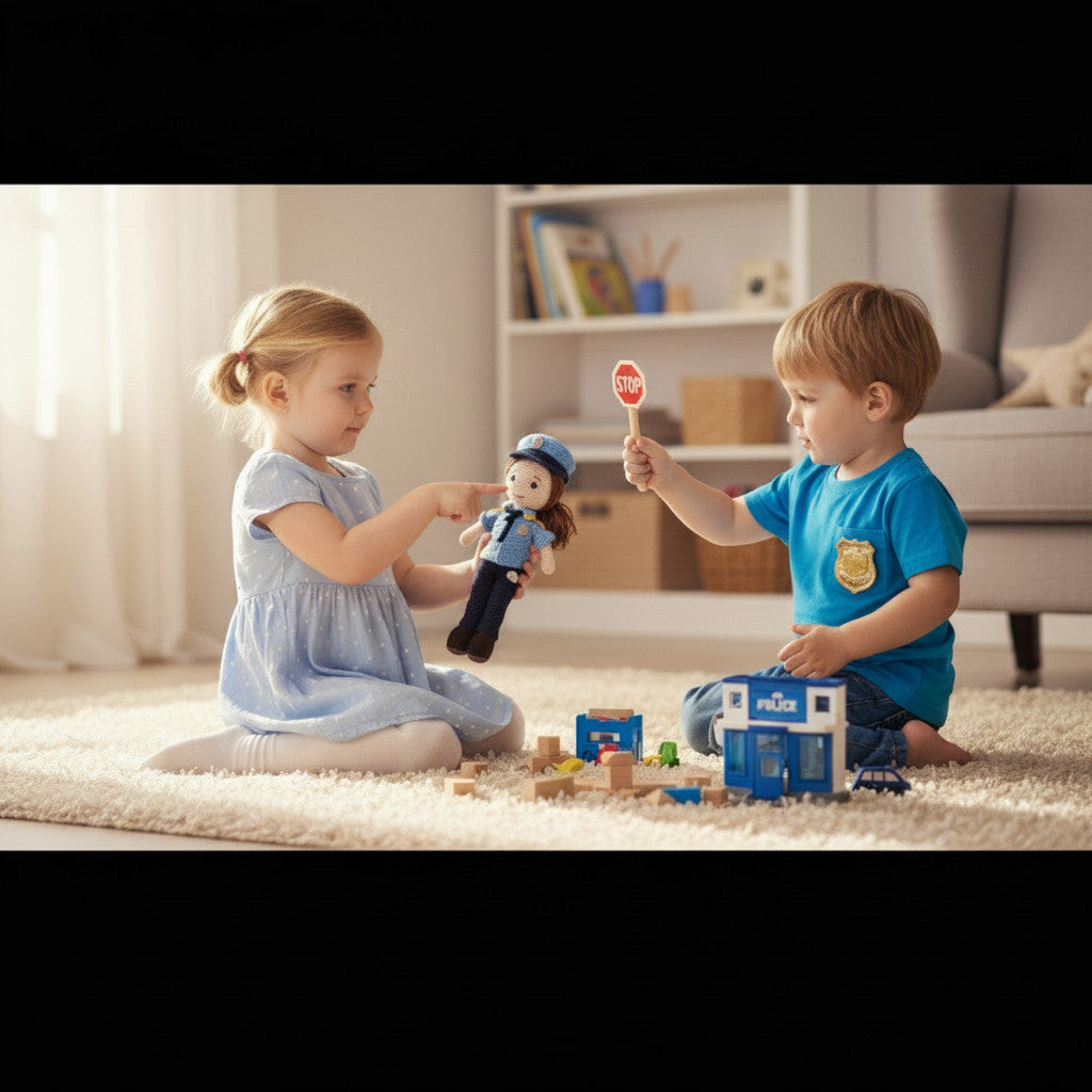 Suzie's Sunshine Dolls handcrafted crocheted police officer doll in blue uniform with children playing.