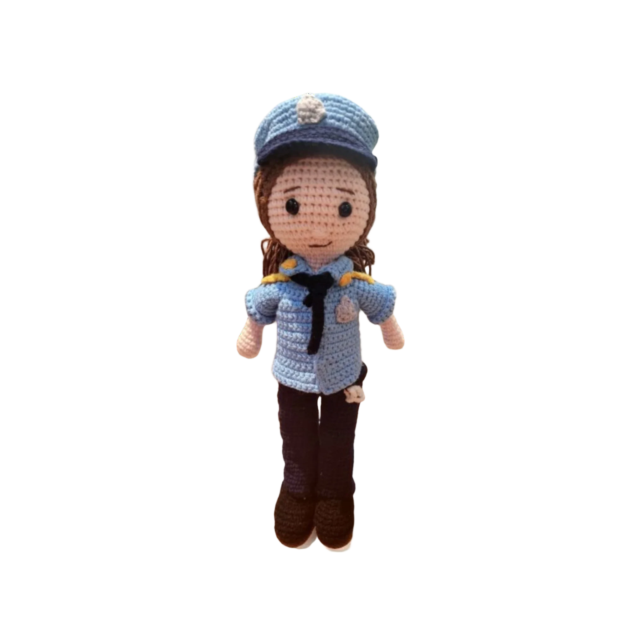 Suzie's Sunshine Dolls Policeman/Policewoman crochet doll in blue uniform with badge and cap. Approx. 28-30cm tall.