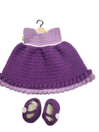 Suzie's Sunshine Dolls handmade crochet doll dress and shoes in purple and lilac with white trim. Perfect for imaginative play.