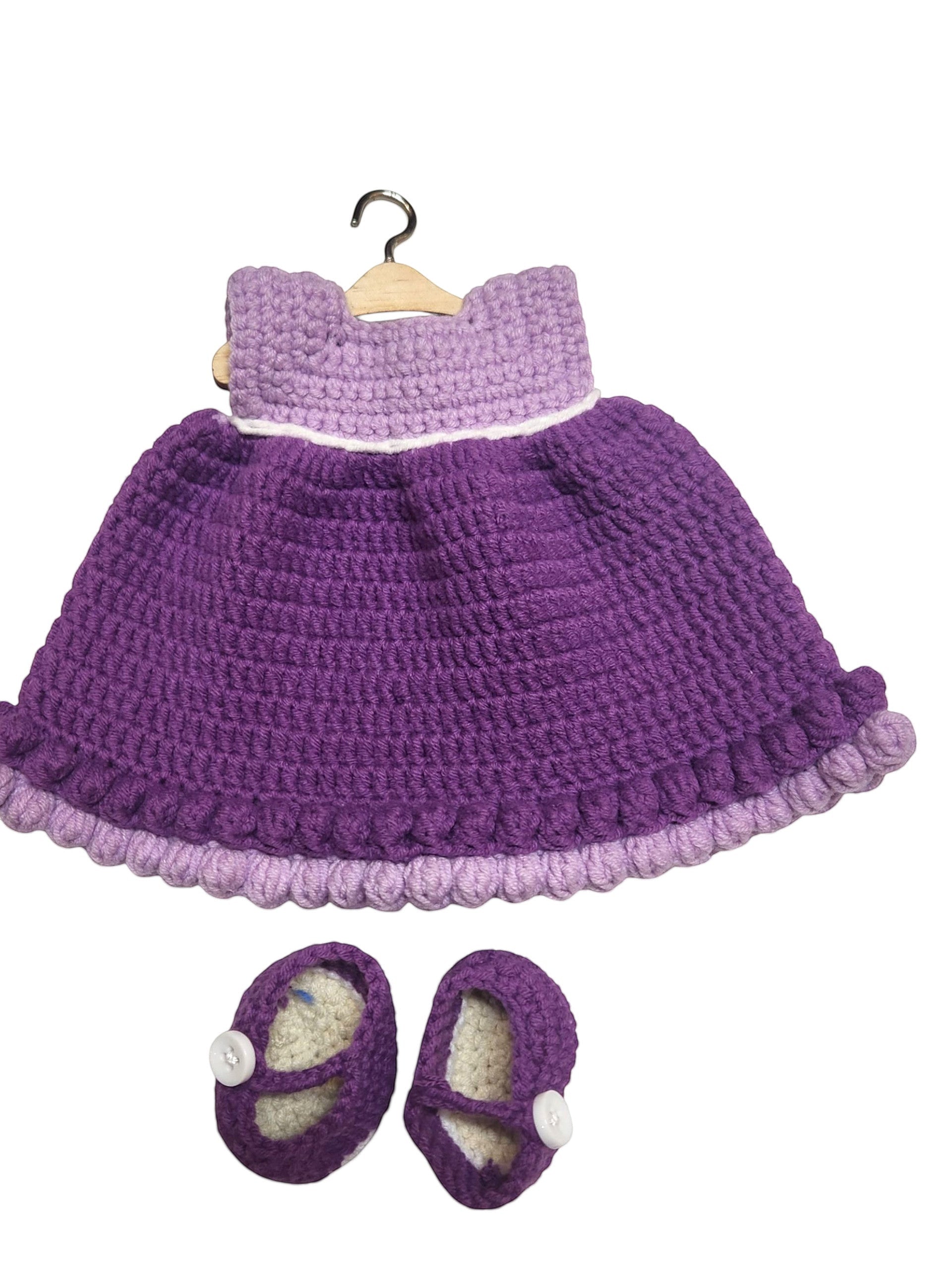 Suzie's Sunshine Dolls handmade crochet doll dress and shoes in purple and lilac with white trim. Perfect for imaginative play.
