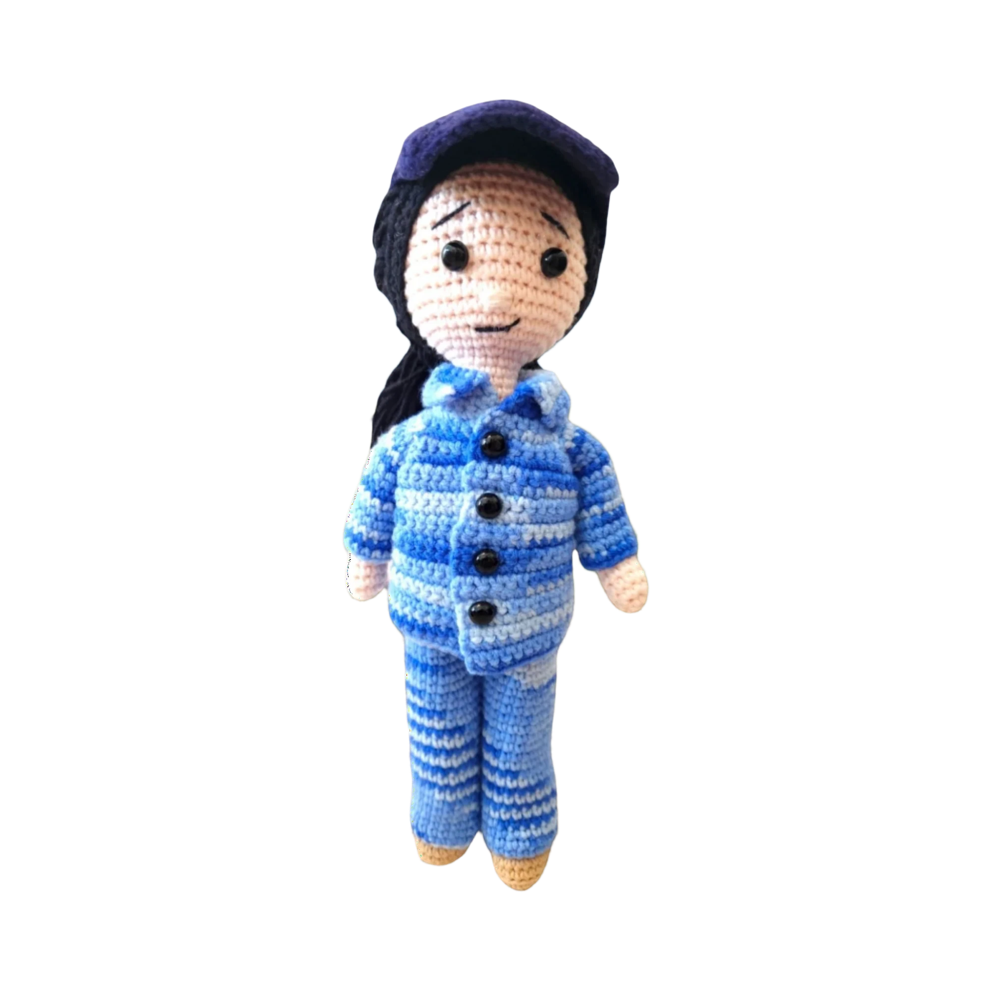 Suzie's Sunshine Dolls RAAF Personnel doll in blue camouflage uniform with matching cap, handmade from soft yarn.