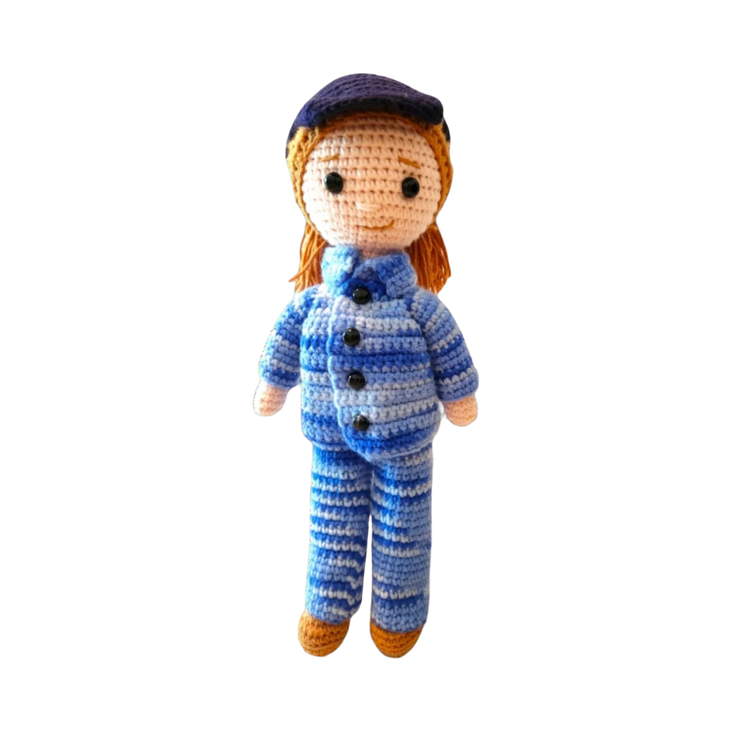 Suzie's Sunshine Dolls RAAF Personnel doll in blue camouflage uniform and cap, hand-crocheted from yarn.