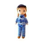 Suzie's Sunshine Dolls RAAF Personnel doll in blue camouflage uniform and cap, hand-crocheted from yarn.