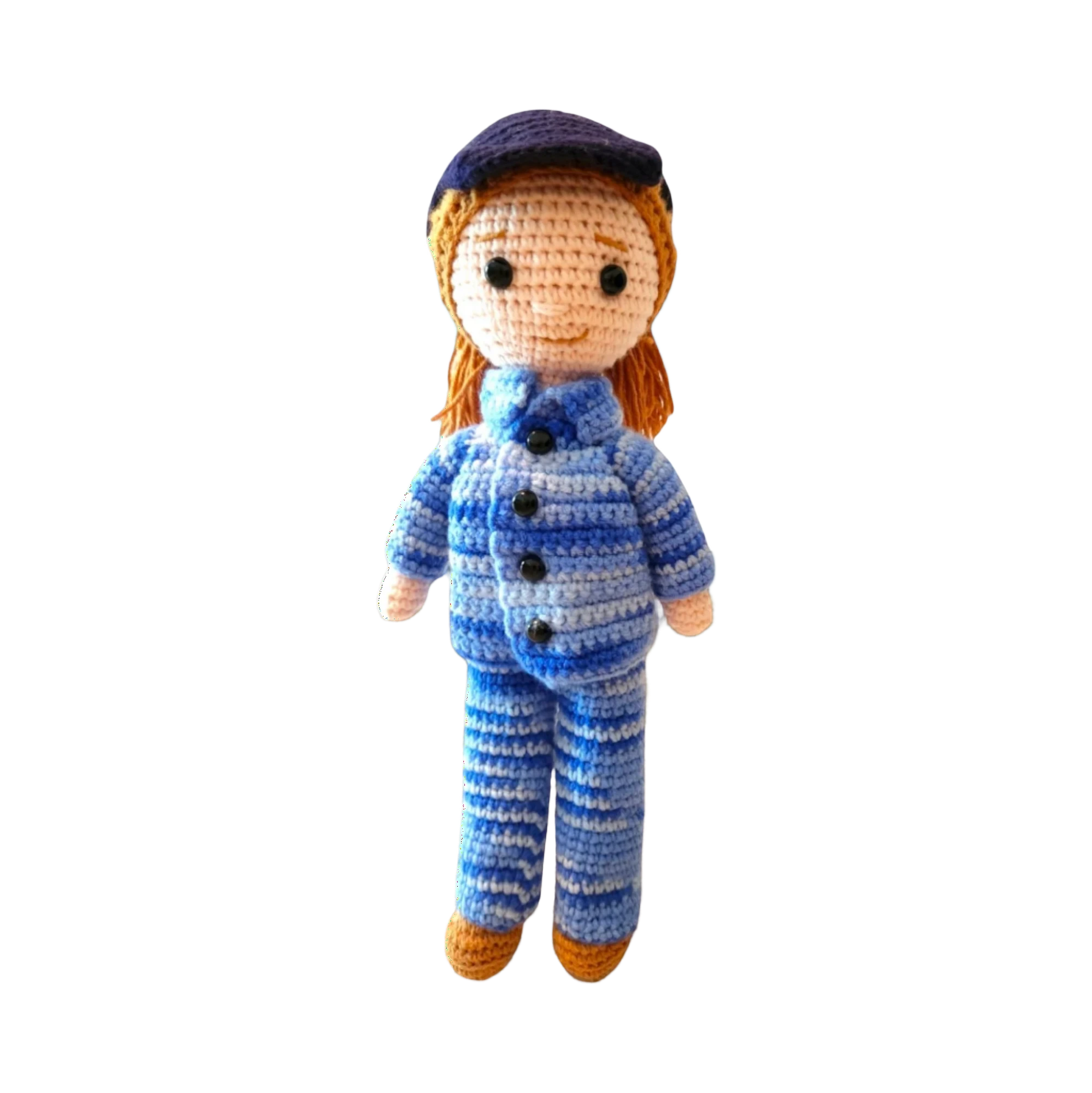 Suzie's Sunshine Dolls RAAF Personnel doll in blue camouflage uniform and cap, hand-crocheted from yarn.