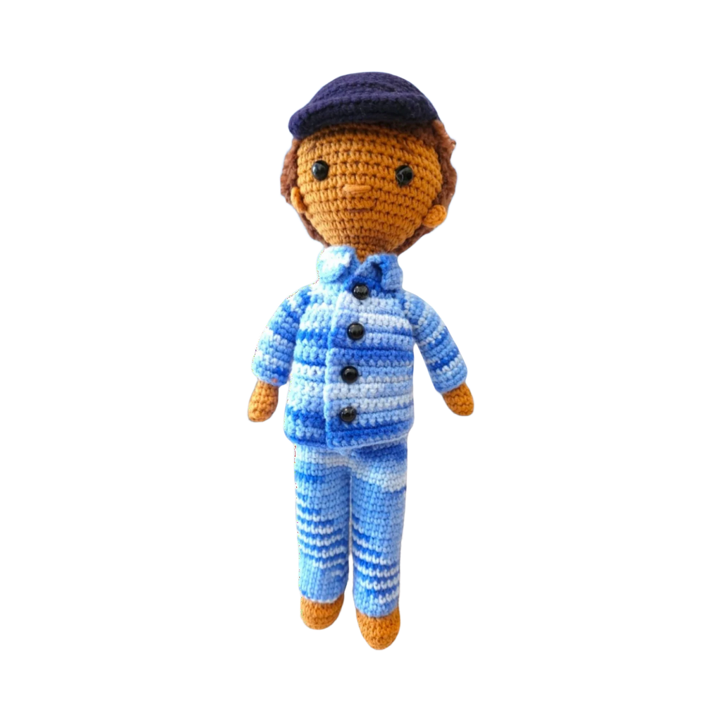 Suzie's Sunshine Dolls RAAF Personnel doll in blue camouflage uniform with cap. Handmade crochet yarn.