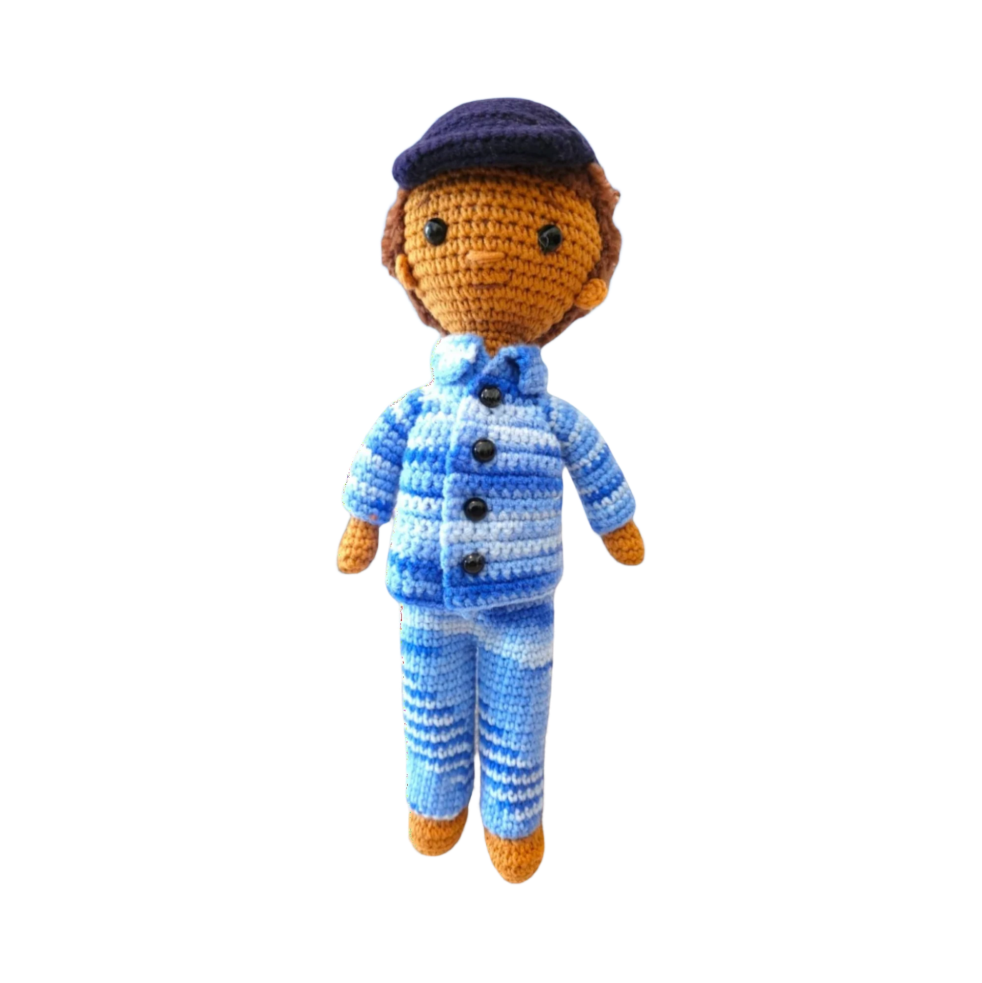 Suzie's Sunshine Dolls RAAF Personnel doll in blue camouflage uniform with cap. Handmade crochet yarn.