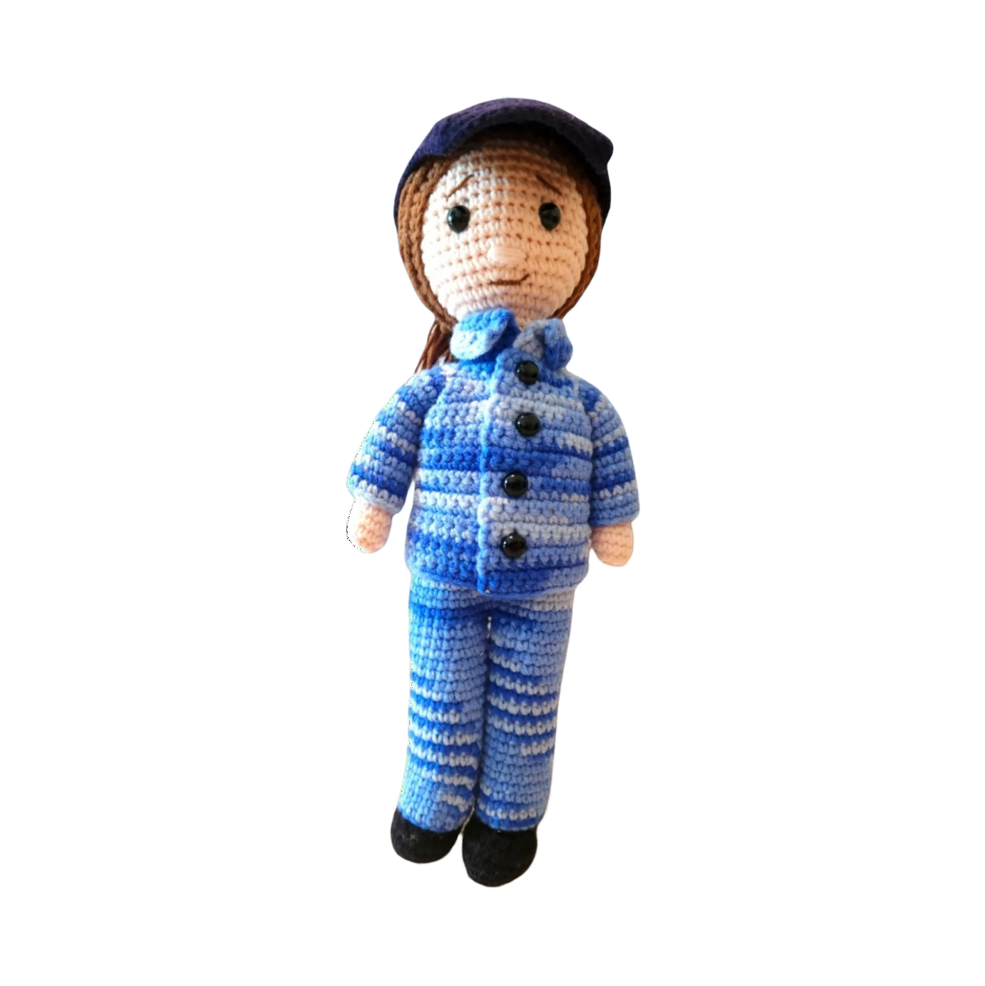 Suzie's Sunshine Dolls RAAF Personnel doll in blue camouflage uniform with cap. Hand-crocheted yarn, approx. 28-30cm tall.