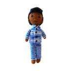 Suzie's Sunshine Dolls RAAF Personnel doll in blue camouflage uniform with cap, handmade from yarn.
