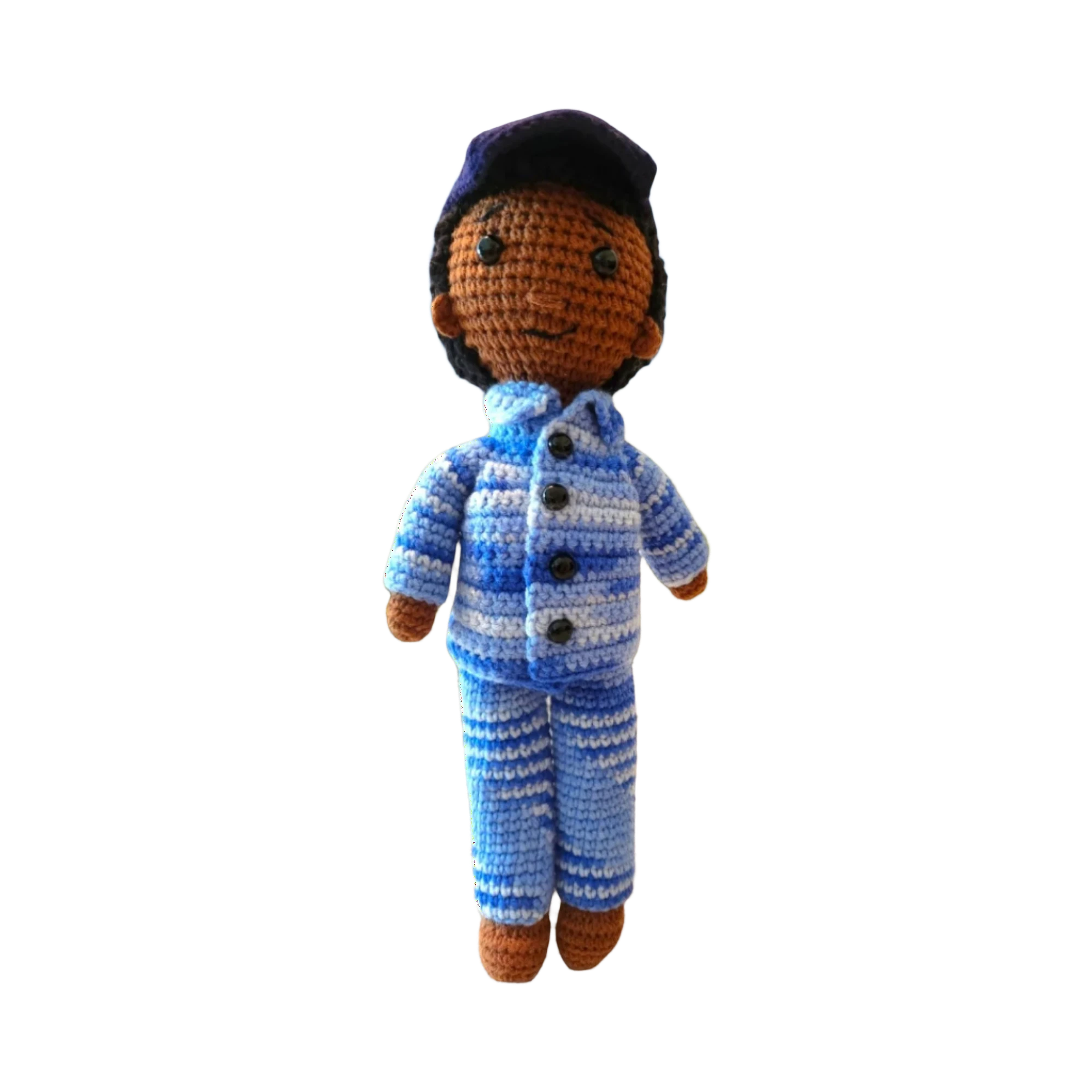 Suzie's Sunshine Dolls RAAF Personnel doll in blue camouflage uniform with cap, handmade from yarn.
