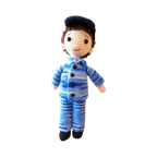 Suzie's Sunshine Dolls RAAF Personnel doll in blue camouflage uniform with cap, handmade from yarn.