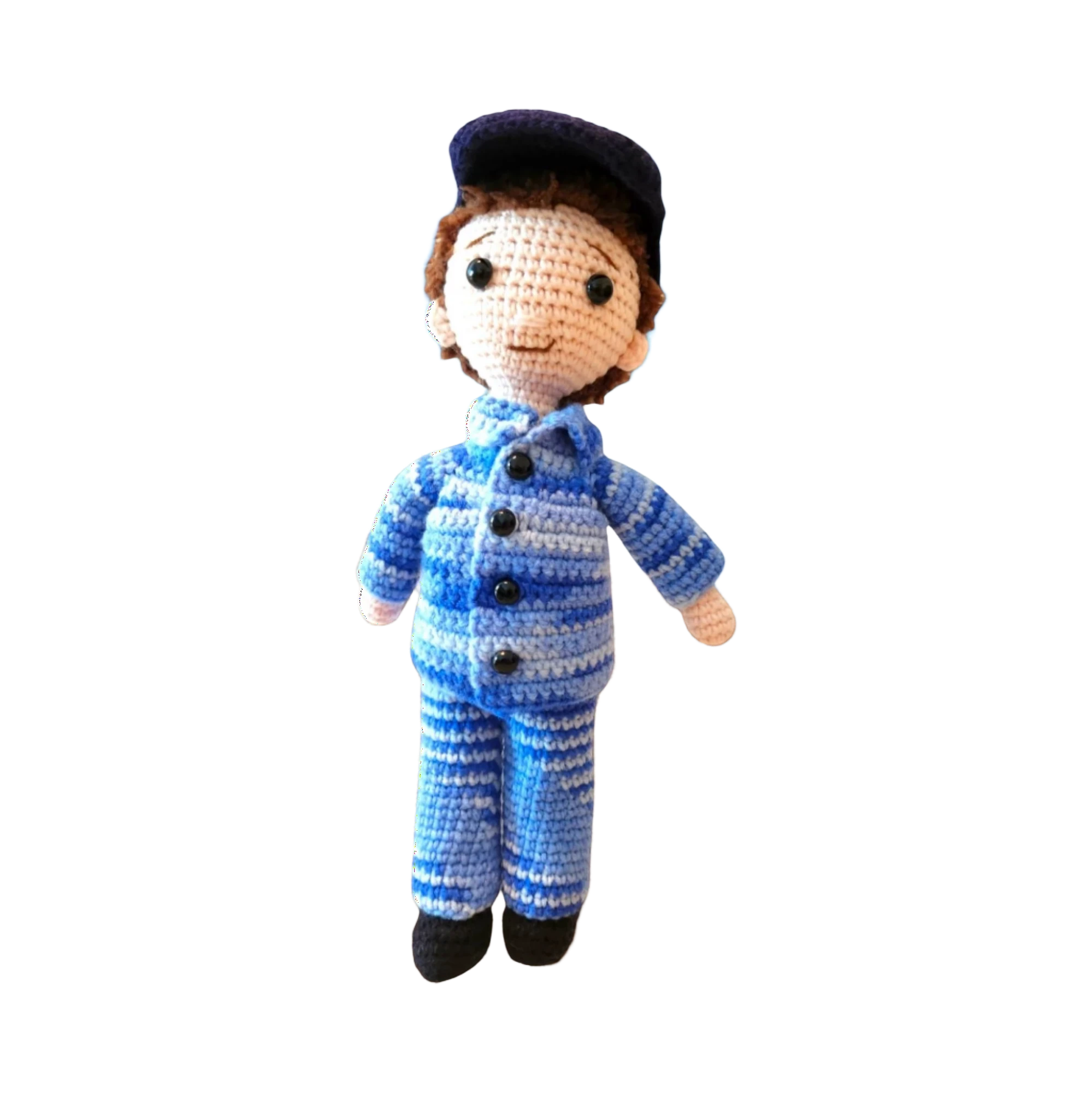 Suzie's Sunshine Dolls RAAF Personnel doll in blue camouflage uniform with cap, handmade from yarn.