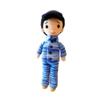 Suzie's Sunshine Dolls RAAF Personnel doll in blue camouflage uniform with cap, handmade from yarn.