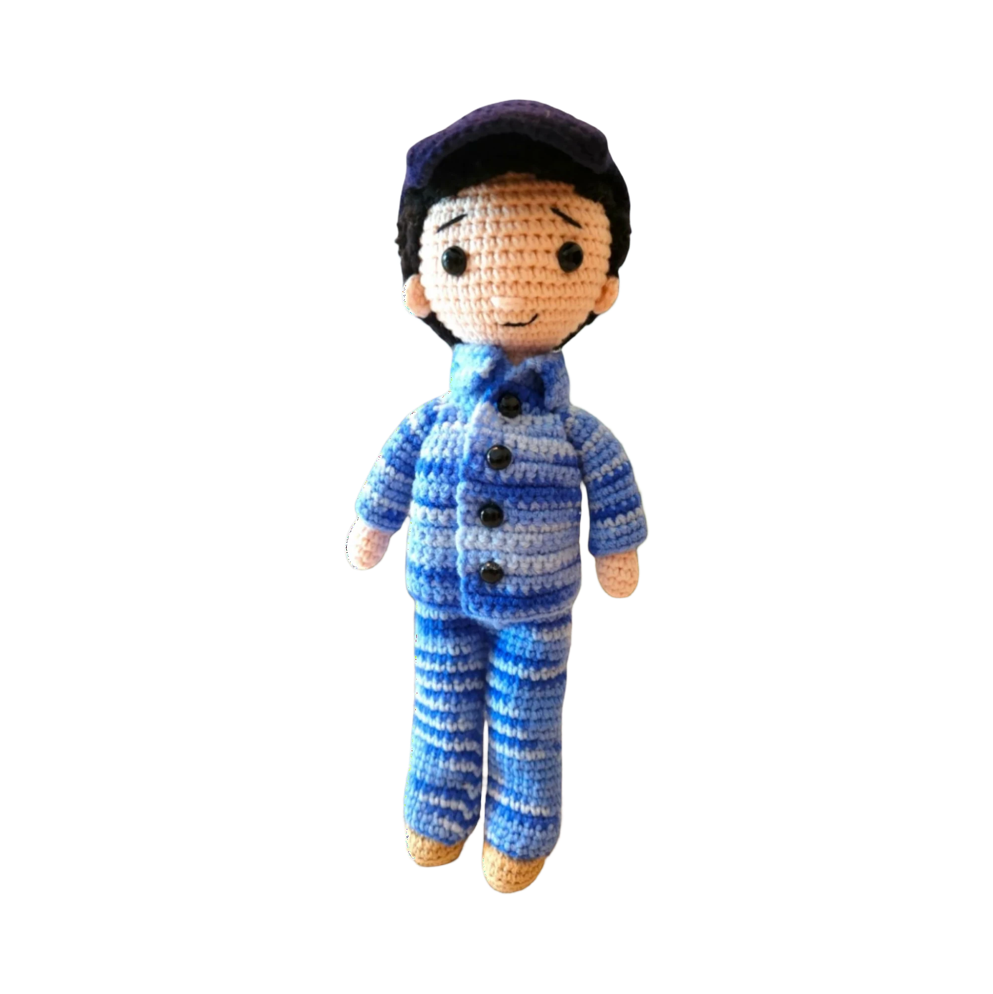 Suzie's Sunshine Dolls RAAF Personnel doll in blue camouflage uniform with cap, handmade from yarn.