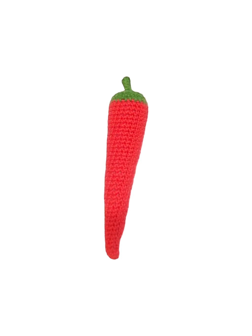 Suzie's Sunshine Dolls red crocheted chili pepper with green stem, made from cotton yarn.